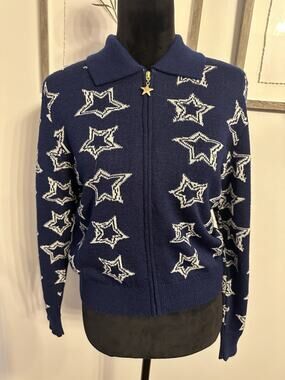 Vintage San Remo Sweater Full Zip Cardigan Navy White Stars Women Large Petite